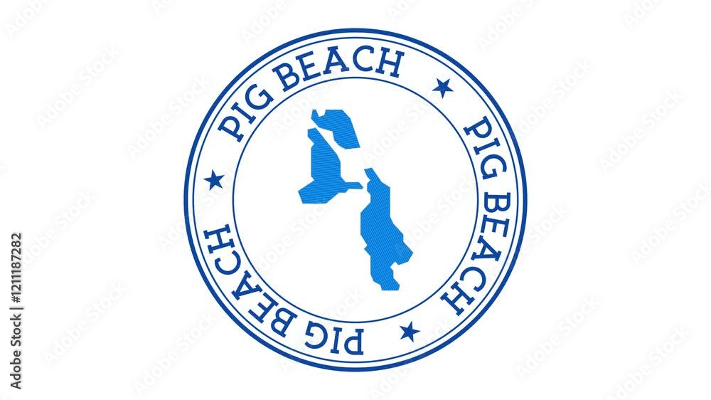 Poster pig beach intro. badge with the circular name and map of the island. pig beach round logo animation.