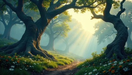 Furry forest landscape with twisted tree branches and misty atmosphere, wilderness, mist, nature