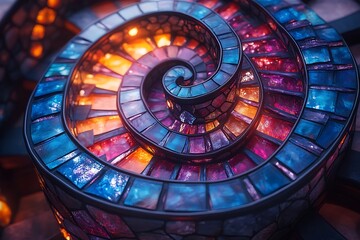 Fototapeta premium A vibrant spiraling mosaic art piece glows with inner light