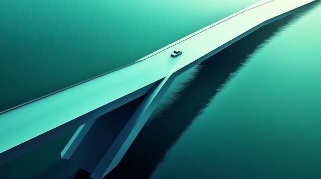 drone perspective, sleek modern bridge, tranquil blue-green waters, solo car transit, structural photography, parallel lines, concrete and steel design, peaceful maritime landscape, minimalist