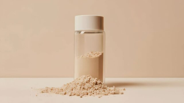 Powder spilling from tipped glass jar on light background