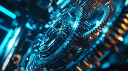 Fototapeta premium Intricate Metallic Gears with Blue and Orange Glow Effect