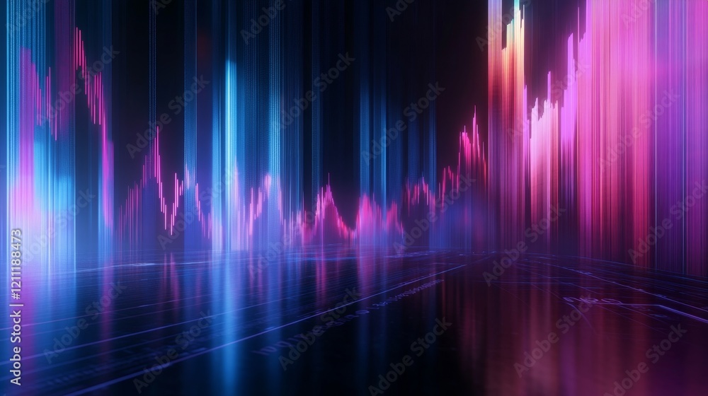 Poster colorful graph with light rays reflecting on a dark background