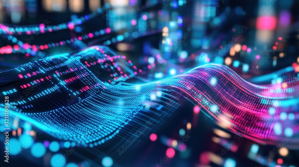 Poster abstract digital waveform: neon hues and data flow visualization