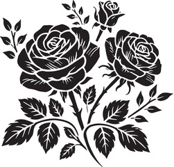 Black Color Roses Silhouette Vector Illustration, Solid White Background. minimal vector design