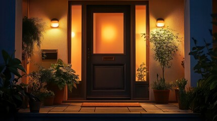 A welcoming front door with a doormat, potted plants on either side, and soft ambient light glowing from inside.