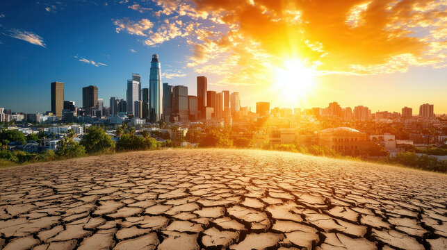 city skyline with dramatic sunset and cracked earth foreground
