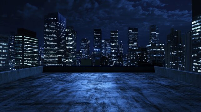 Fototapeta nocturnal urban vista, empty concrete platform, towering business district, azure night sky, modern architectural design, varied building heights, city light reflections, contemporary metropolitan
