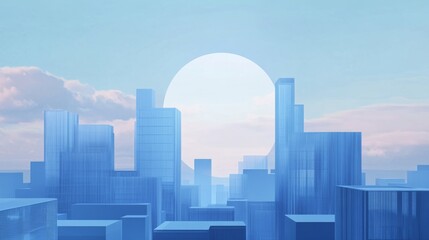 morning metropolitan horizon view, stacked blue monochromatic buildings, translucent cloudy sky layers, giant circular sun backdrop, contemporary urban landscape, geometric architectural elements,