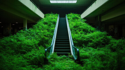 A lush green escalator surrounded by vibrant foliage, merging nature and architecture in a striking urban environment.