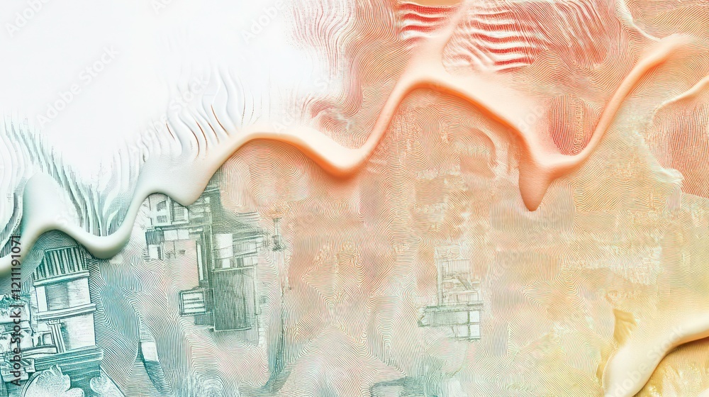 Poster abstract art with flowing paint textures and subtle architectural patterns.