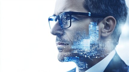 Innovative business leader urban setting digital art futuristic close-up visionary concept
