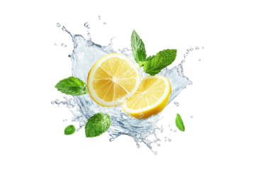 Fresh lemon slices with mint leaves in water splash isolated on white or transparent PNG