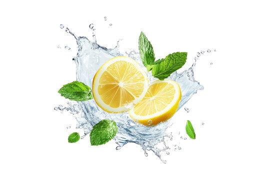 Fresh lemon slices with mint leaves in water splash isolated on white or transparent PNG