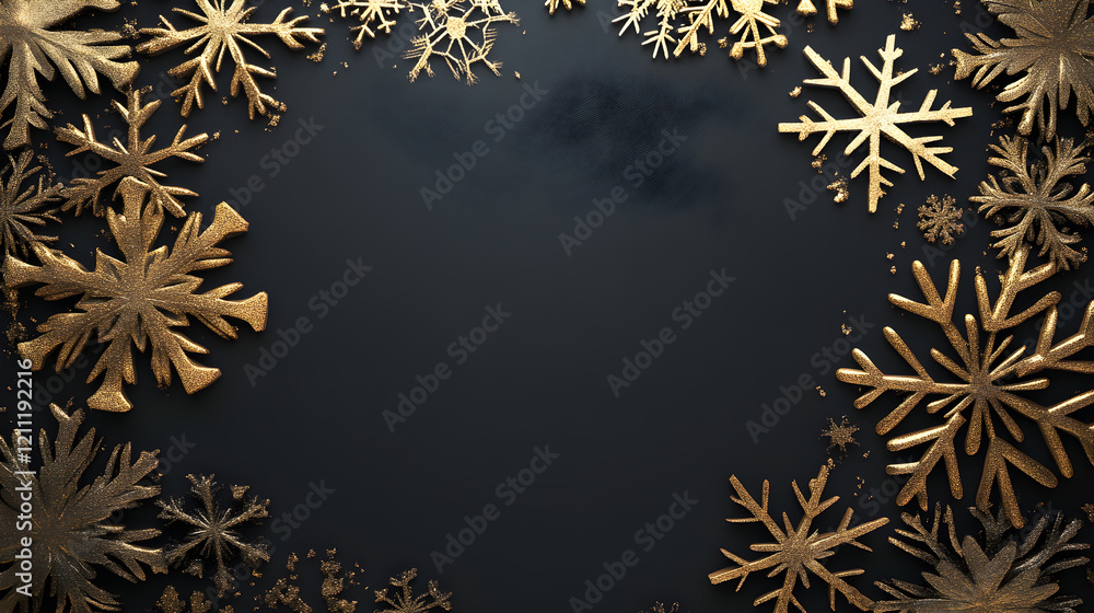 Poster 3d golden snowflake border with depth and a metallic sheen on a black background