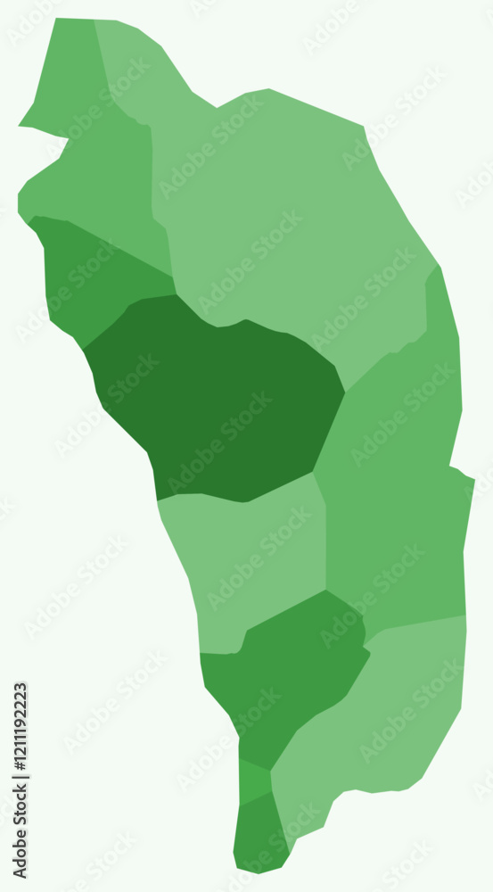 Poster map of dominica with regions. just a simple country border map with region division. green color pal