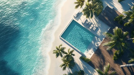 top down tropical haven perspective, linear beach pier design, organic pool shapes, gradient turquoise waters, pristine sandy shores, rhythmic palm shadows, exclusive resort composition, natural