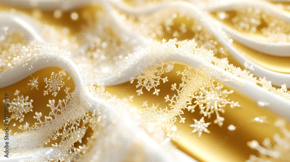 Poster elegant golden wave with symmetrical snowflake patterns and soft bokeh effects