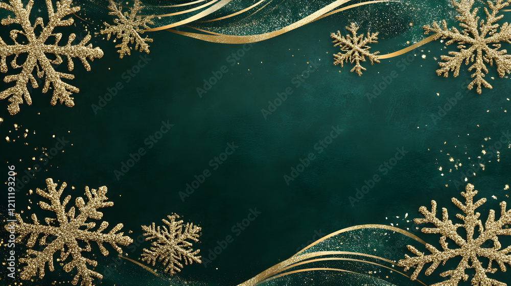 Poster glittery gold snowflake border in a dynamic wave pattern over a deep green backdrop