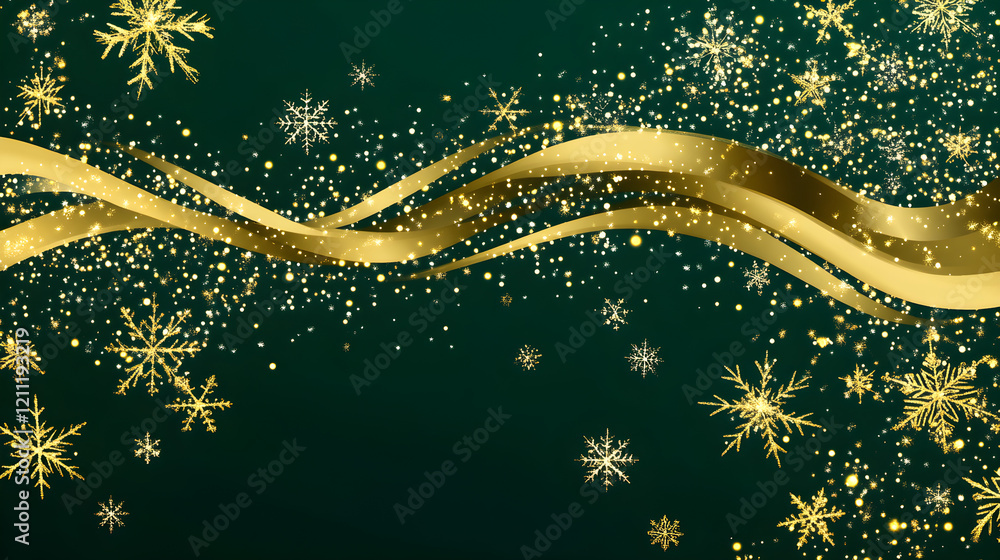 Poster glittery gold snowflake border in a dynamic wave pattern over a deep green backdrop