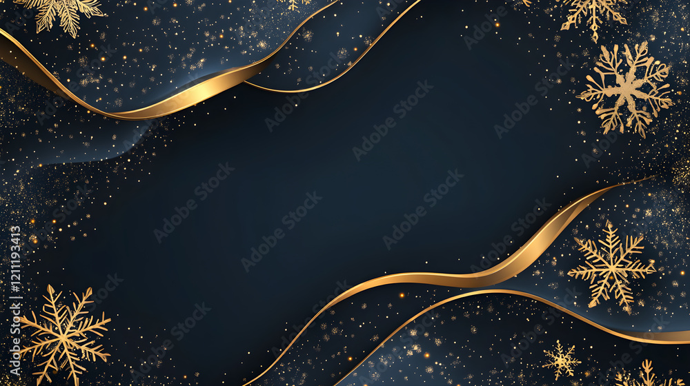 Poster golden wave-shaped border with intricate snowflake patterns on a dark blue background