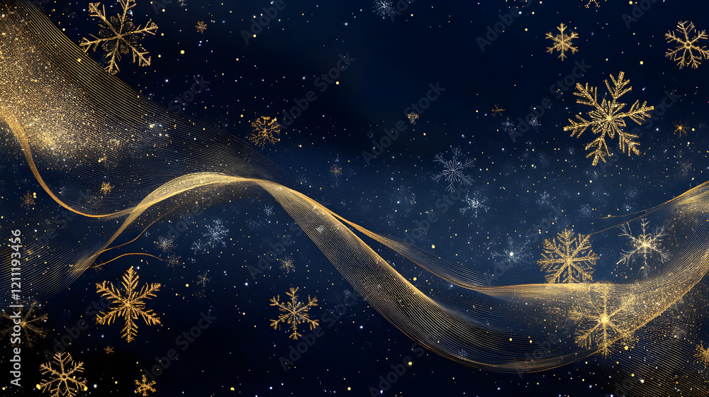 Poster golden wave-shaped border with intricate snowflake patterns on a dark blue background