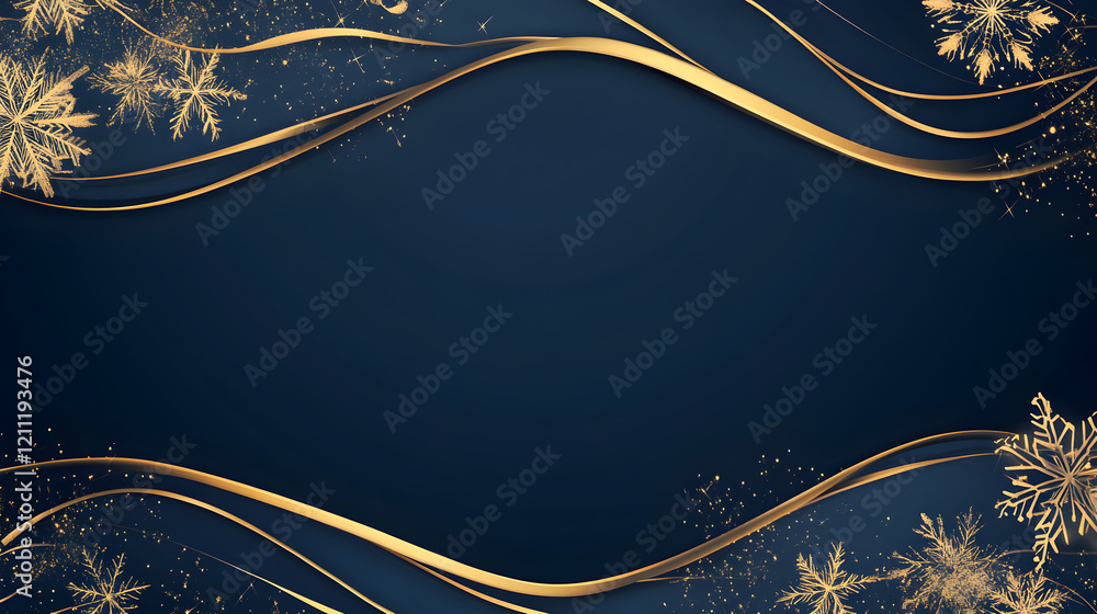 Poster golden wave-shaped border with intricate snowflake patterns on a dark blue background