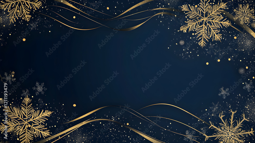 Poster golden wave-shaped border with intricate snowflake patterns on a dark blue background