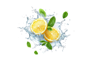 Fresh lemon slices with mint leaves in water splash isolated on white or transparent PNG