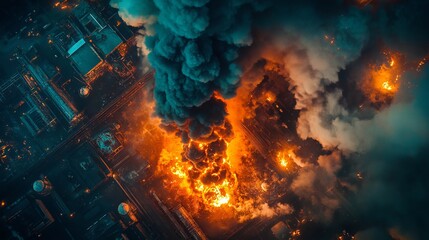 Naklejka premium dramatic industrial disaster scene, intense fiery explosion, contrasting teal smoke clouds, aerial night photography, glowing ember fragments, industrial complex infrastructure, atmospheric tension,