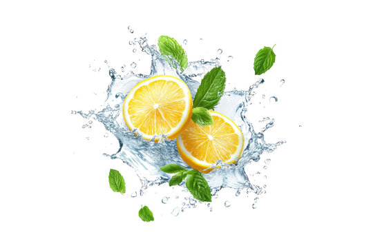 Fresh lemon slices with mint leaves in water splash isolated on white or transparent PNG