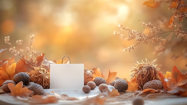 Autumnal Still Life with Blank Note Card and Nuts