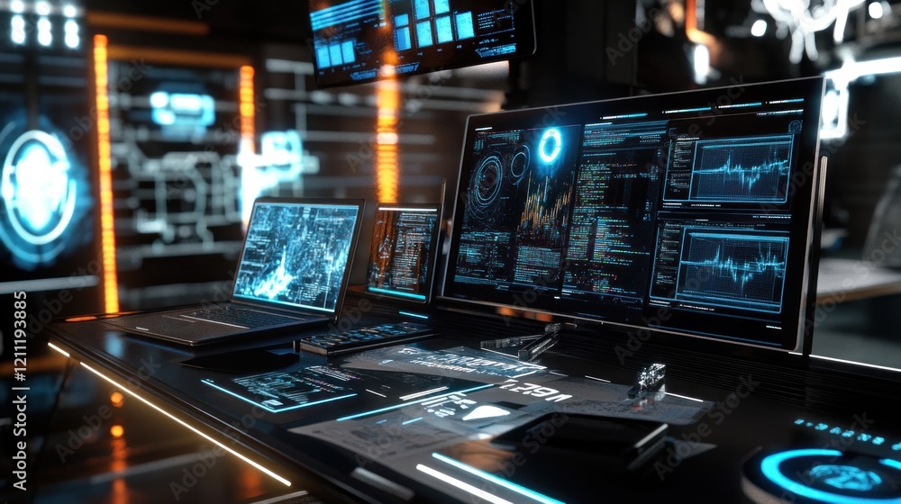 Poster futuristic tech control room: data analysis and monitoring