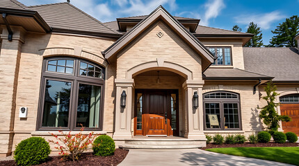 Fototapeta premium Luxury House Exterior: Modern Stone Facade, Grand Entrance, and Landscaped Grounds