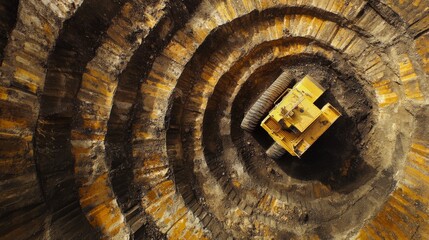 top view industrial site capture, striking yellow dumper focus, rhythmic soil impressions, earthwork documentation, concentric track formations, construction progress visualization, textured ground