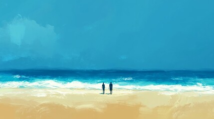 top down tropical beach capture, brilliant blue ocean expanse, pristine sandy shore, translucent water textures, distant walking figures, gentle wave formations, serene coastal perspective,