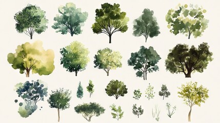 botanical landscape design elements, watercolor styled tree icons, varying foliage clusters, soft gradient greens, aerial garden planning symbols, organic canopy shapes, artistic vegetation marks,
