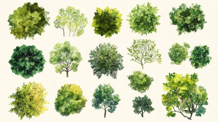 botanical landscape design elements, watercolor styled tree icons, varying foliage clusters, soft gradient greens, aerial garden planning symbols, organic canopy shapes, artistic vegetation marks,