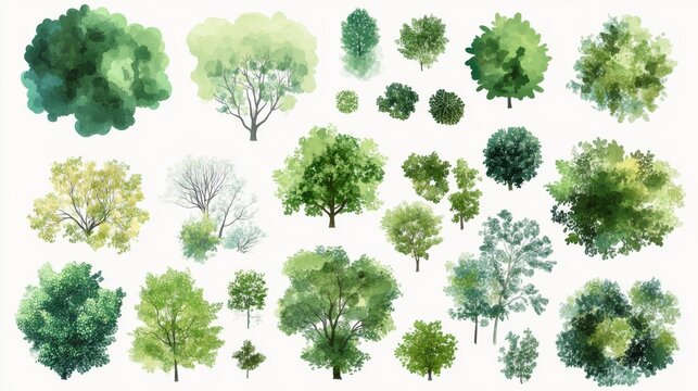 botanical landscape design elements, watercolor styled tree icons, varying foliage clusters, soft gradient greens, aerial garden planning symbols, organic canopy shapes, artistic vegetation marks,
