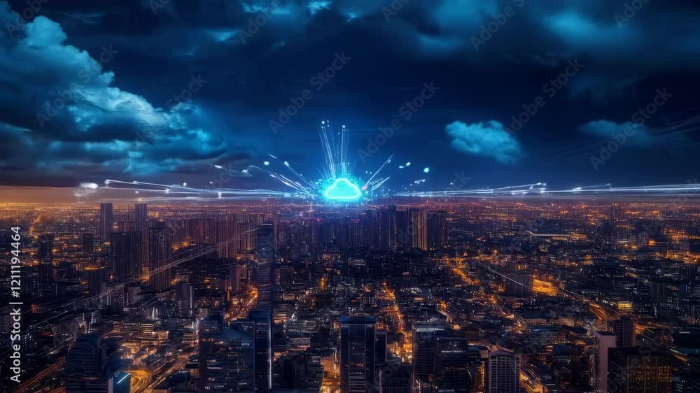 Poster digital cloud integration over cityscape at nighttime with data flow animation
