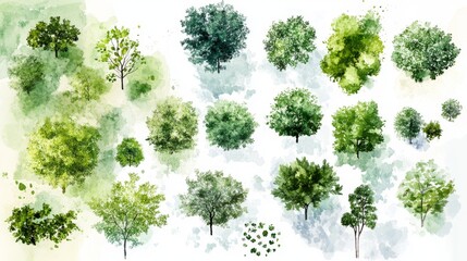 environmental design resource collection, tender watercolor vegetation symbols, variety of tree canopy sizes, subtle green tonal variations, professional landscaping elements, organic botanical