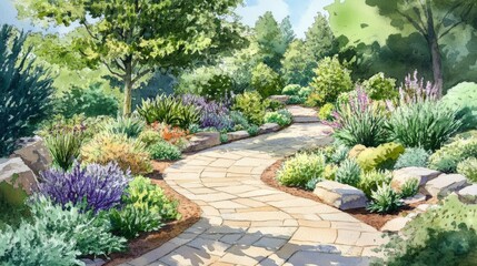 professional landscape mapping assets, gentle watercolor plant symbols, comprehensive garden planning elements, varied foliage representations, architectural vegetation markers, natural green