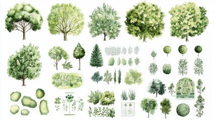 garden planning illustration set, artistic tree and shrub symbols, delicate watercolor technique, professional landscaping elements, varied canopy patterns, architectural vegetation markers, natural