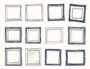 Twelve sketched square frames, one textured.