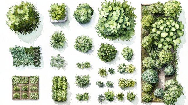 professional landscape mapping assets, gentle watercolor plant symbols, comprehensive garden planning elements, varied foliage representations, architectural vegetation markers, natural green