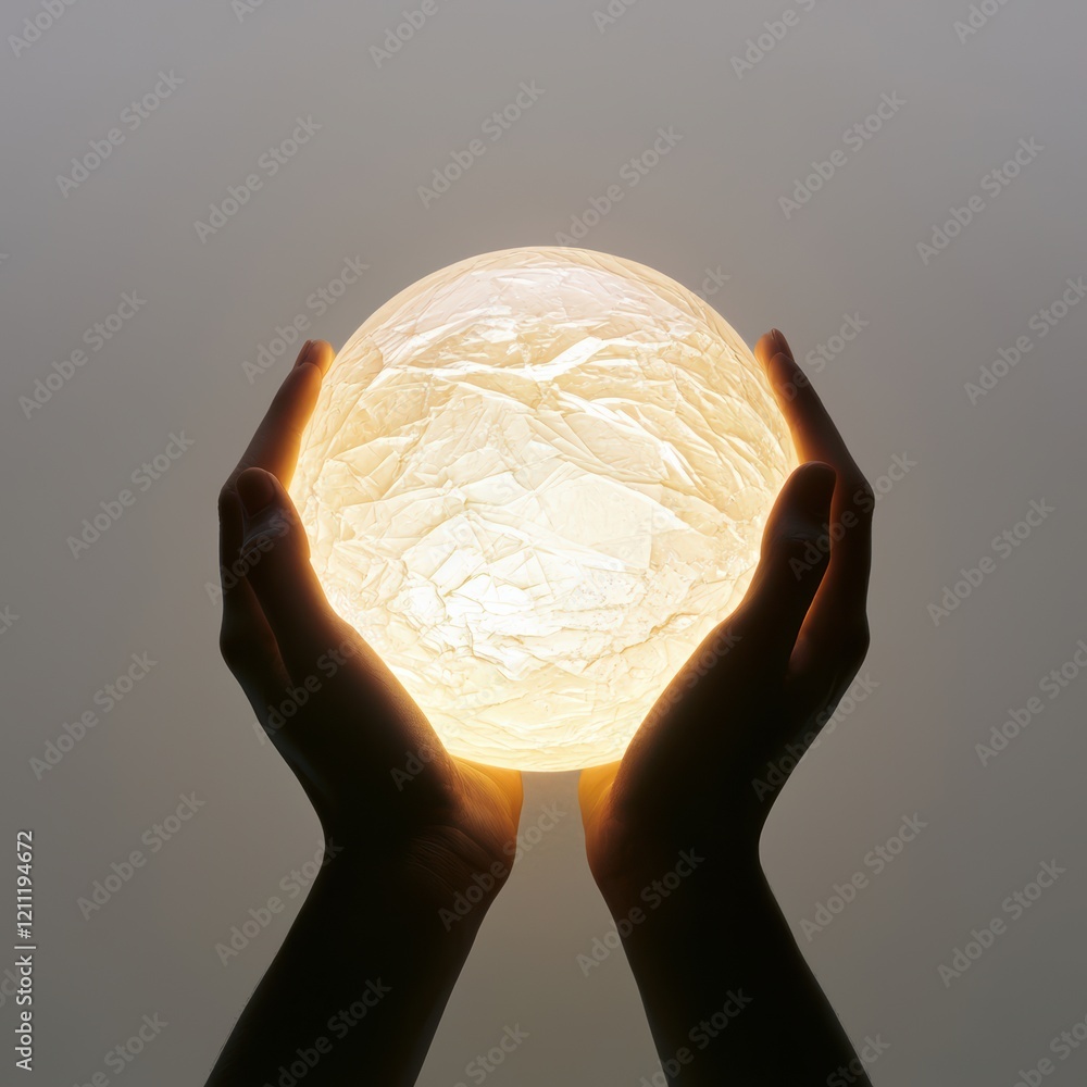 Poster hands holding a lighted globe with soft glow and textured surface in studio setting
