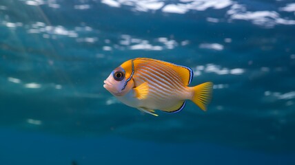 A bright fish with a striking yellow tail is swimming in the ocean blue waters