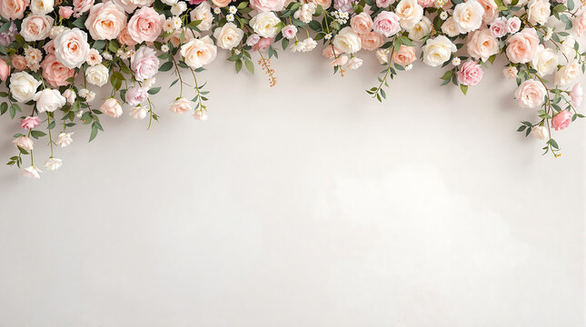 Elegant arrangement of pink roses and white flowers with greenery, set against a neutral, textured backdrop. Ideal for weddings, events, or romantic themes.

