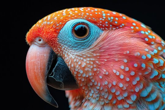 Vibrant red, blue parrot close-up portrait.