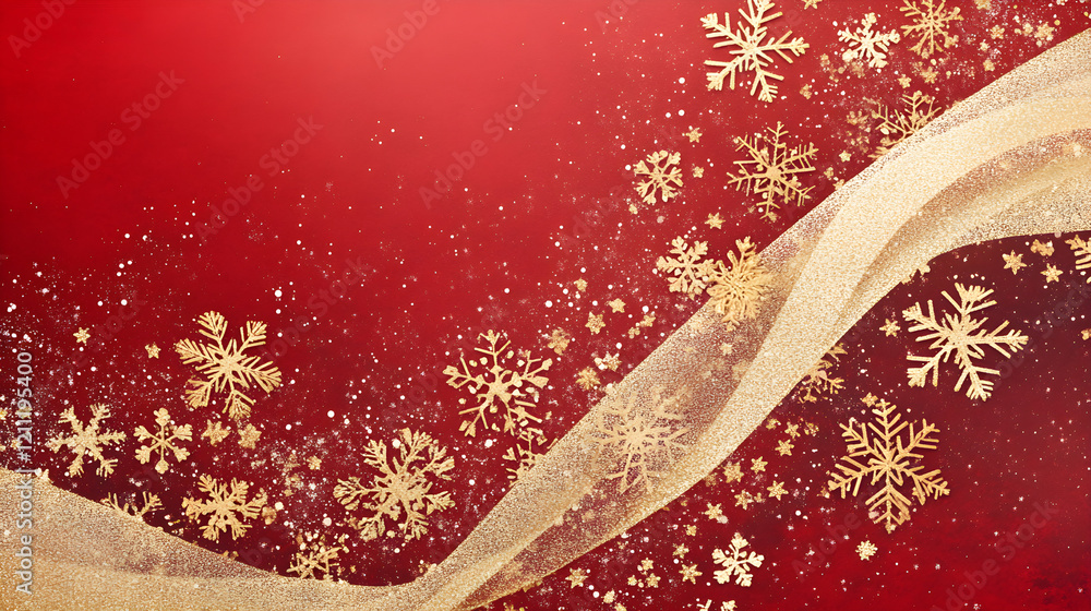 Poster intricate golden snowflake motifs forming a continuous wave border on a red gradient